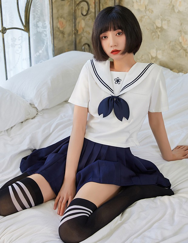 セーラー服 青 白い襟 コスプレ 女子高生制服 萌え萌え 蝶結び 3点セット