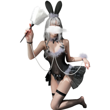 バニーガール  ハイレグ 連珠鎖    もふもふウサギちゃん ブラック