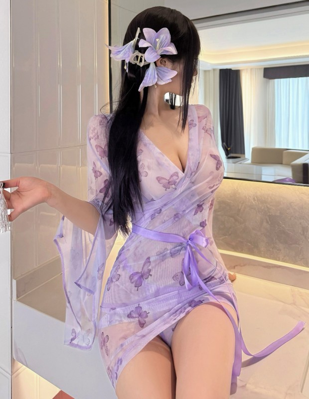 ガーリー系 パープルの蝶柄デザイン ランジェリー  大人のおもちゃ