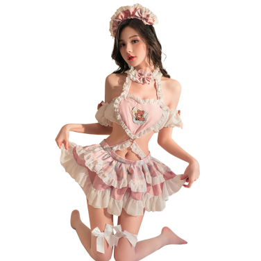 もえもえメイドコスプレ ピンク ランジェリー ハートくま